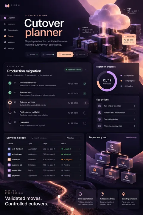 Original cutover planner interface concept illustrating cloud migration