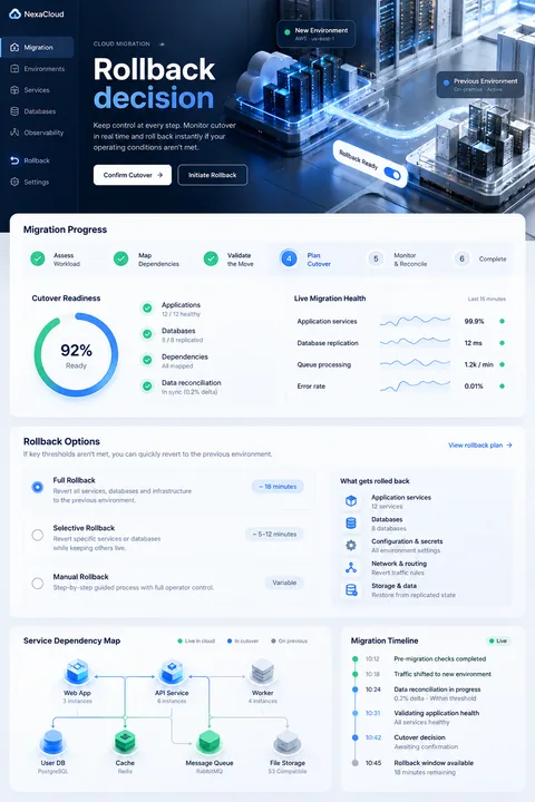 Original rollback decision interface concept illustrating cloud migration