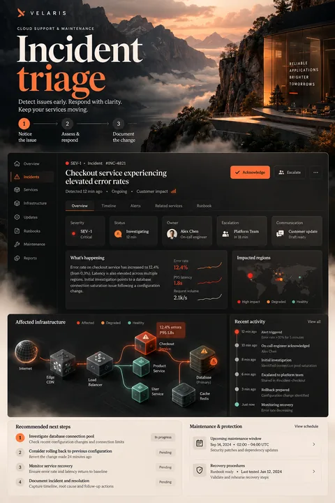 Original incident triage interface concept illustrating cloud support & maintenance