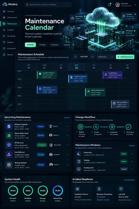 Original maintenance calendar interface concept illustrating cloud support & maintenance