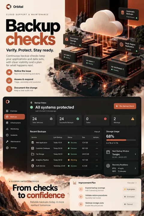 Original backup checks interface concept illustrating cloud support & maintenance