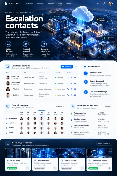 Original escalation contacts interface concept illustrating cloud support & maintenance