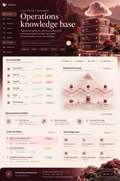 Original operations knowledge base interface concept illustrating cloud support & maintenance