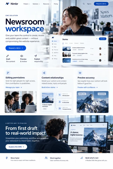 Original newsroom workspace interface concept illustrating cms solution