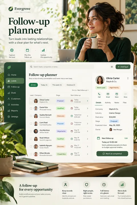 Original follow-up planner interface concept illustrating crm solution
