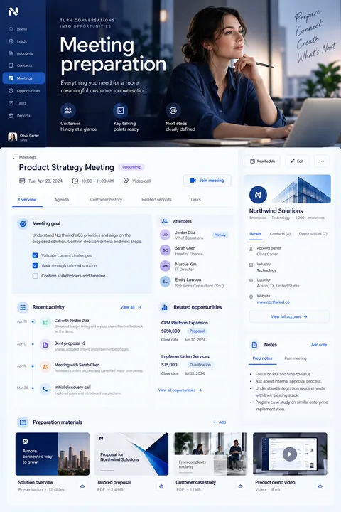 Original meeting preparation interface concept illustrating crm solution