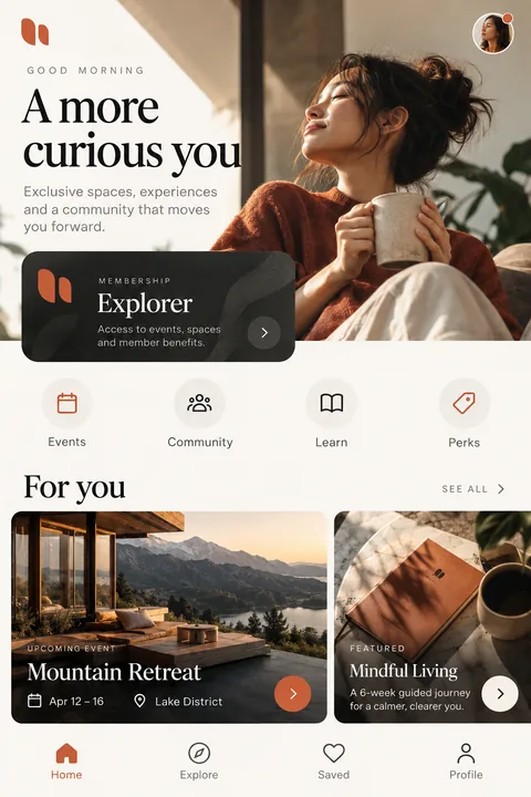 Original membership app interface concept illustrating cross platform app development