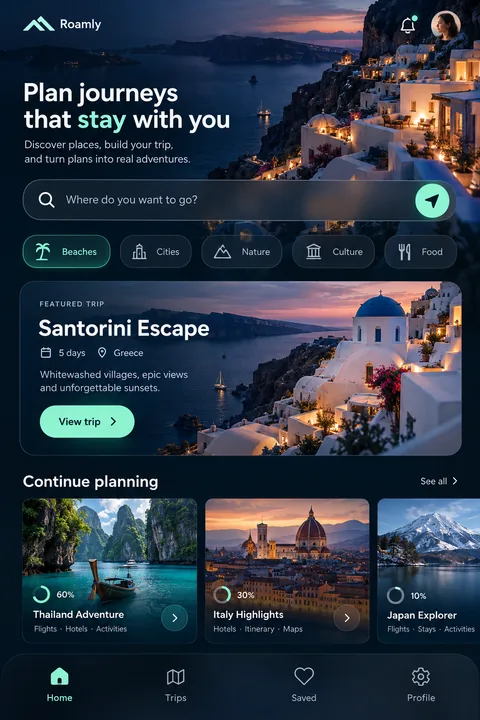 Original travel planning interface concept illustrating cross platform app development