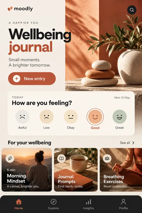 Original wellbeing journal interface concept illustrating cross platform app development