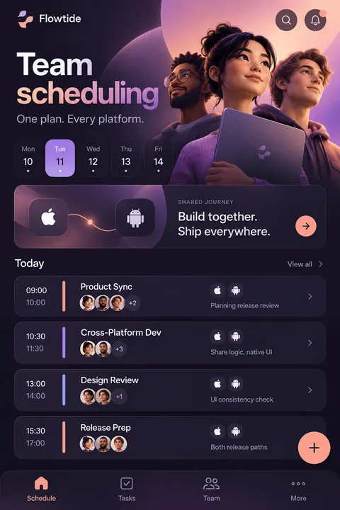 Original team scheduling interface concept illustrating cross platform app development