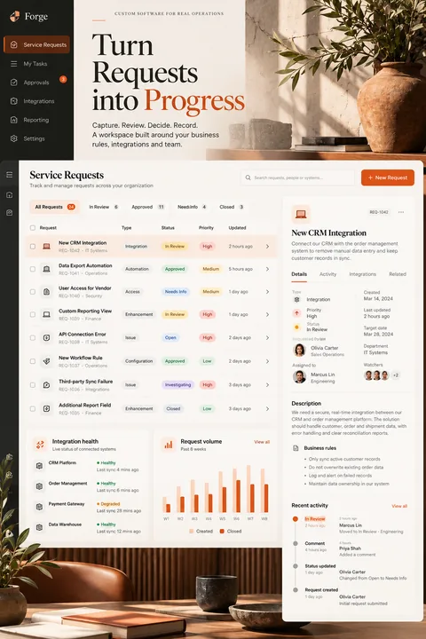 Original service request workspace interface concept illustrating custom software development