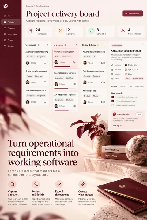 Original project delivery board interface concept illustrating custom software development