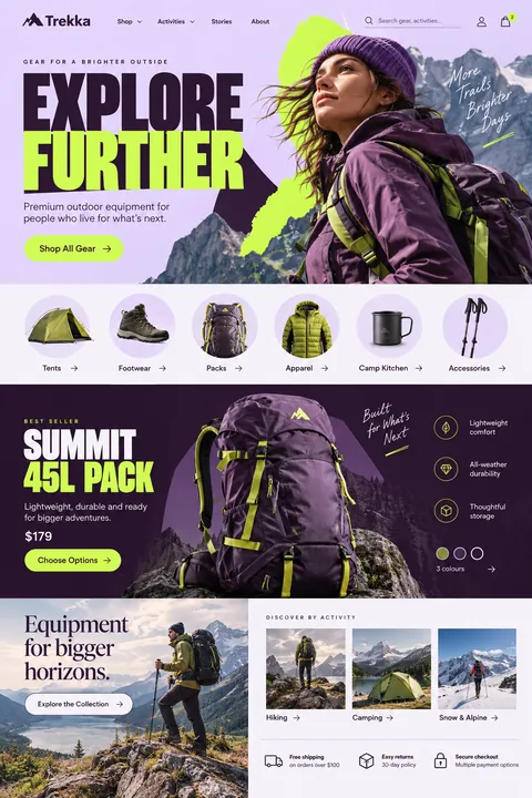 Original outdoor equipment interface concept illustrating ecommerce website development