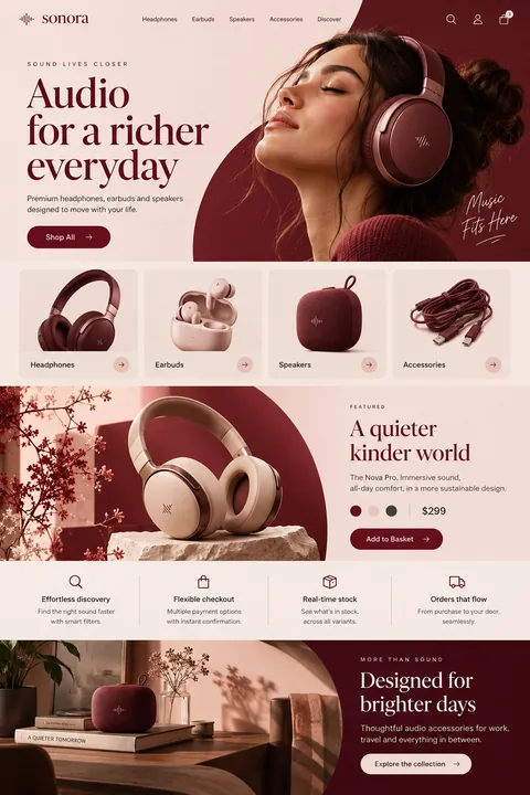 Original audio accessories interface concept illustrating ecommerce website development