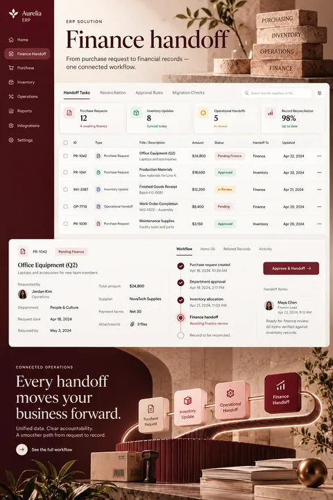Original finance handoff interface concept illustrating erp solution