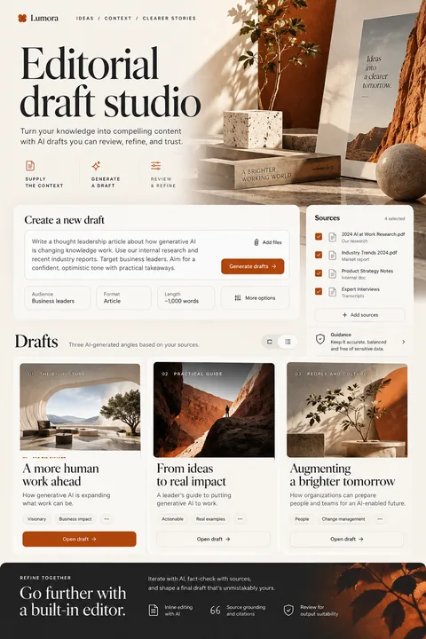 Original editorial draft studio interface concept illustrating generative ai