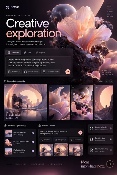 Original creative exploration interface concept illustrating generative ai