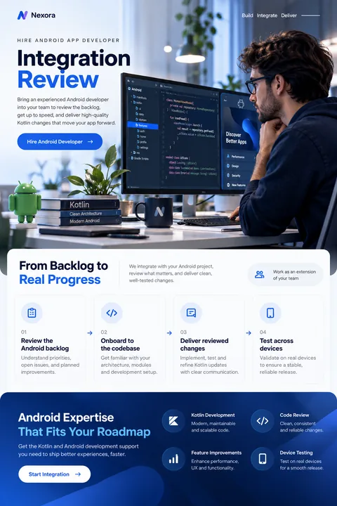 Original integration review interface concept illustrating hire android app developer
