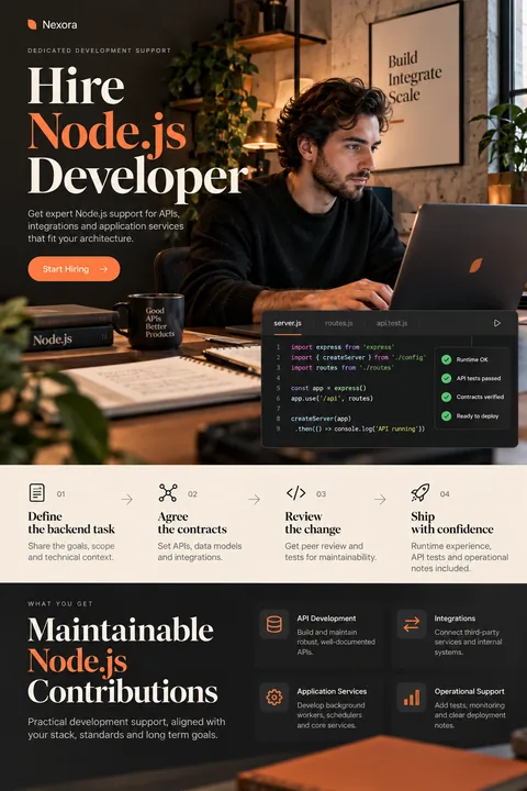 Original node.js role brief interface concept illustrating hire node.js developer