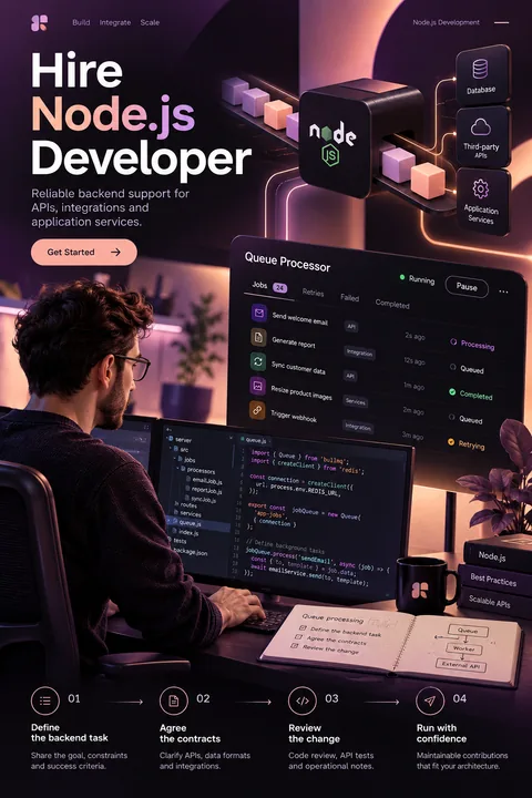 Original queue processing interface concept illustrating hire node.js developer