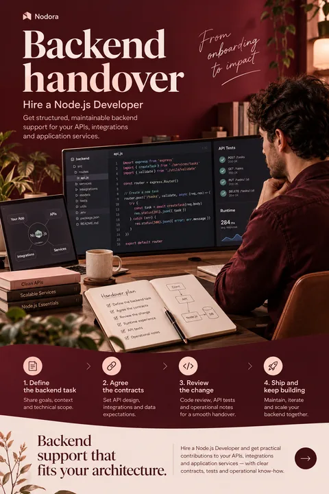 Original backend handover interface concept illustrating hire node.js developer
