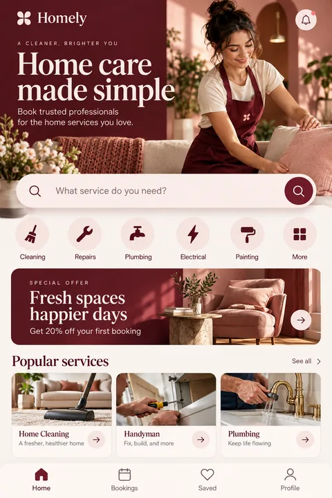 Original home service booking interface concept illustrating ios app development