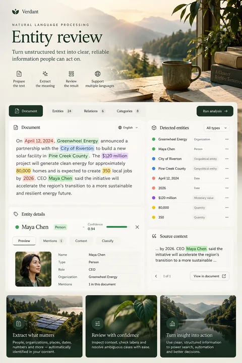 Original entity review interface concept illustrating natural language processing