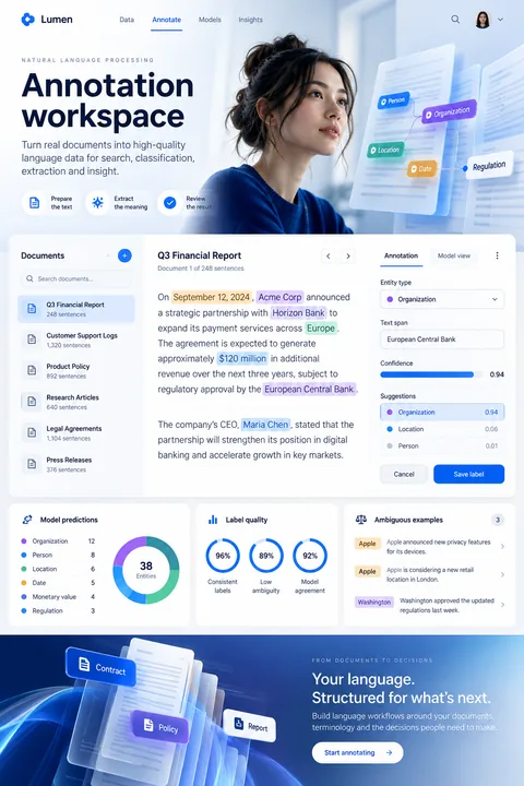 Original annotation workspace interface concept illustrating natural language processing