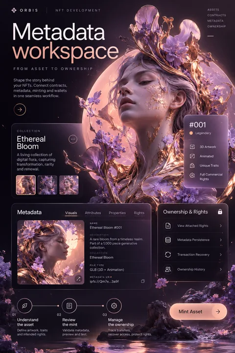 Original metadata workspace interface concept illustrating nft development