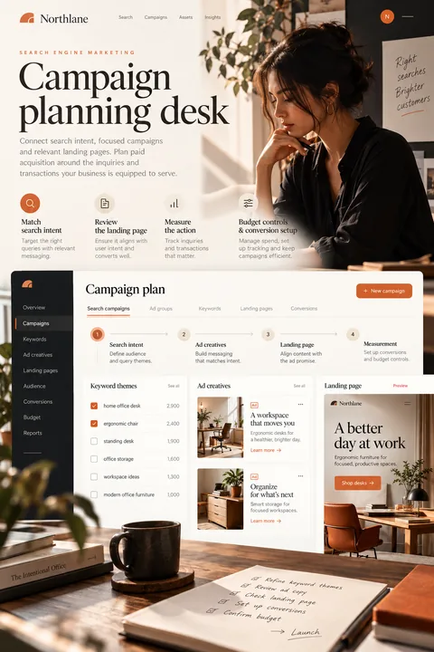 Original campaign planning desk interface concept illustrating search engine marketing (sem)