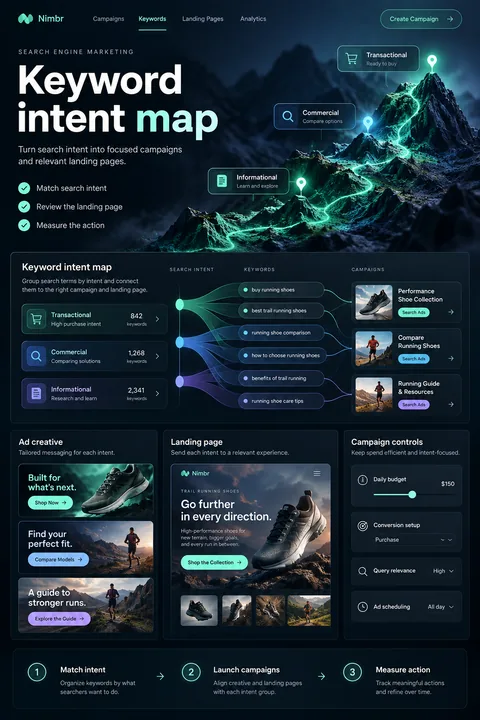 Original keyword intent map interface concept illustrating search engine marketing (sem)