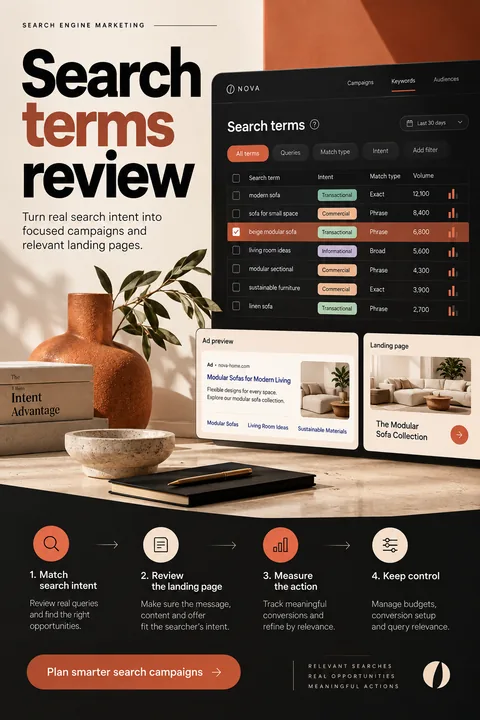 Original search terms review interface concept illustrating search engine marketing (sem)