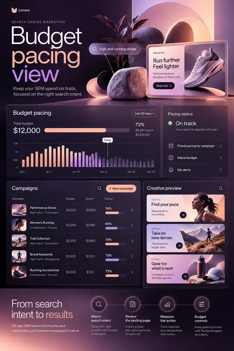 Original budget pacing view interface concept illustrating search engine marketing (sem)