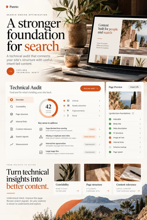 Original technical audit workspace interface concept illustrating search engine optimization (seo)