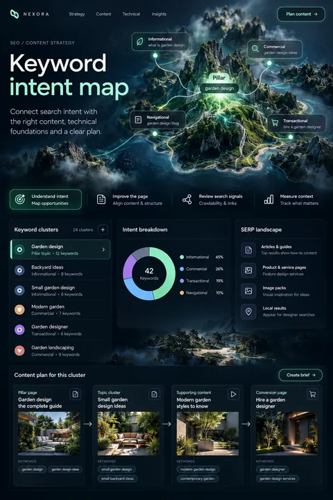 Original keyword intent map interface concept illustrating search engine optimization (seo)