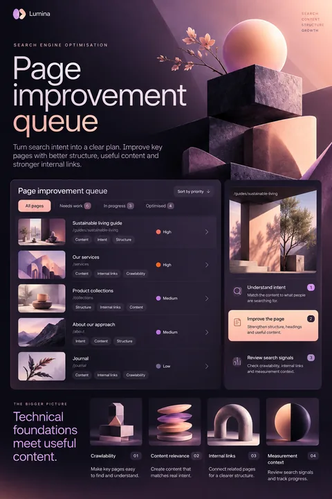 Original page improvement queue interface concept illustrating search engine optimization (seo)