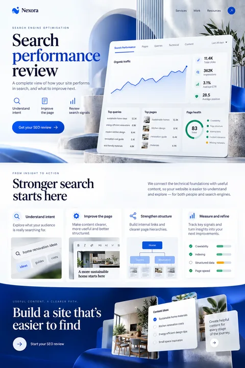 Original search performance review interface concept illustrating search engine optimization (seo)