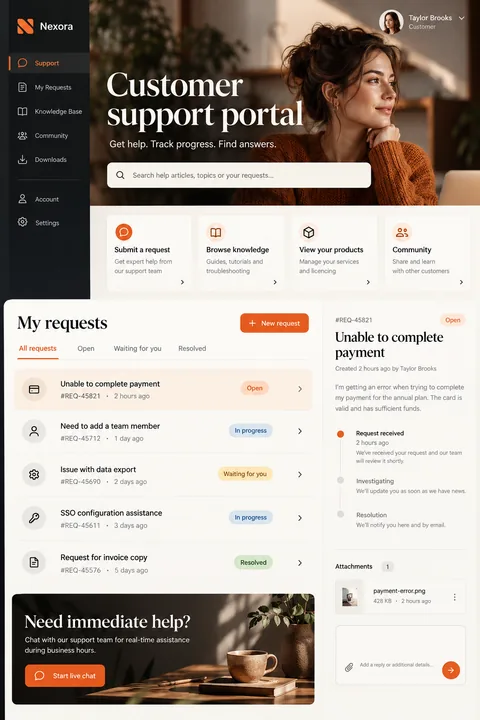 Original customer support portal interface concept illustrating web portals