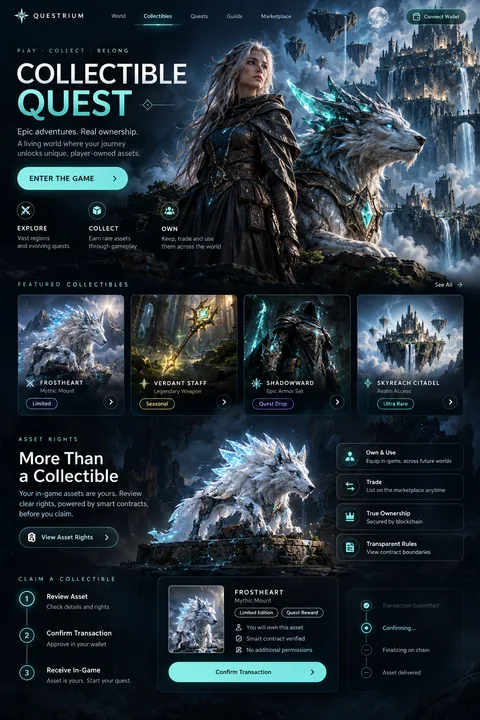 Original collectible quest interface concept illustrating web3 game development