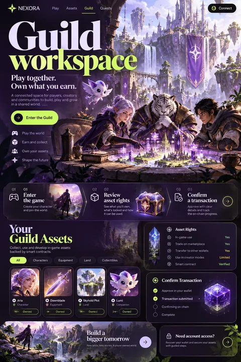 Original guild workspace interface concept illustrating web3 game development