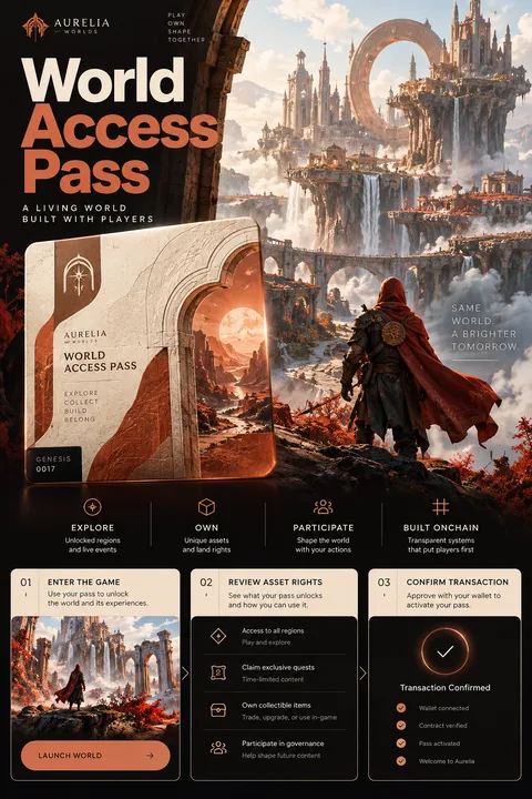 Original world access pass interface concept illustrating web3 game development