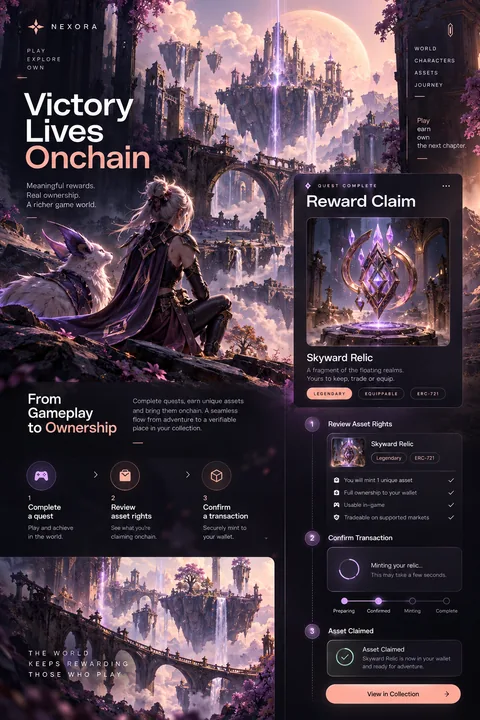 Original reward claim flow interface concept illustrating web3 game development