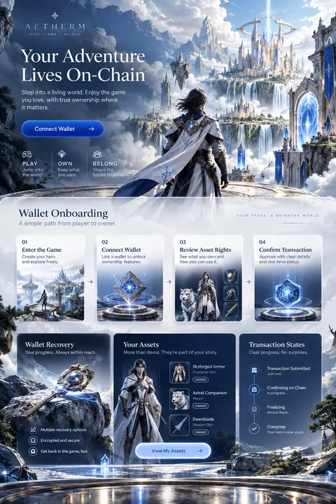 Original wallet onboarding interface concept illustrating web3 game development