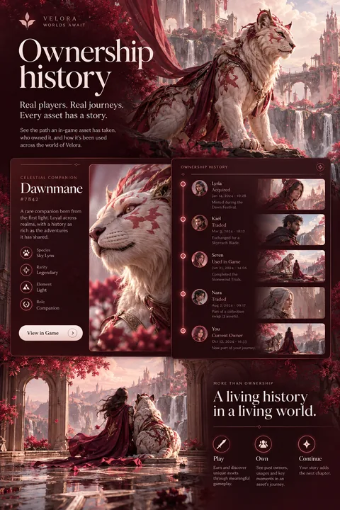 Original ownership history interface concept illustrating web3 game development