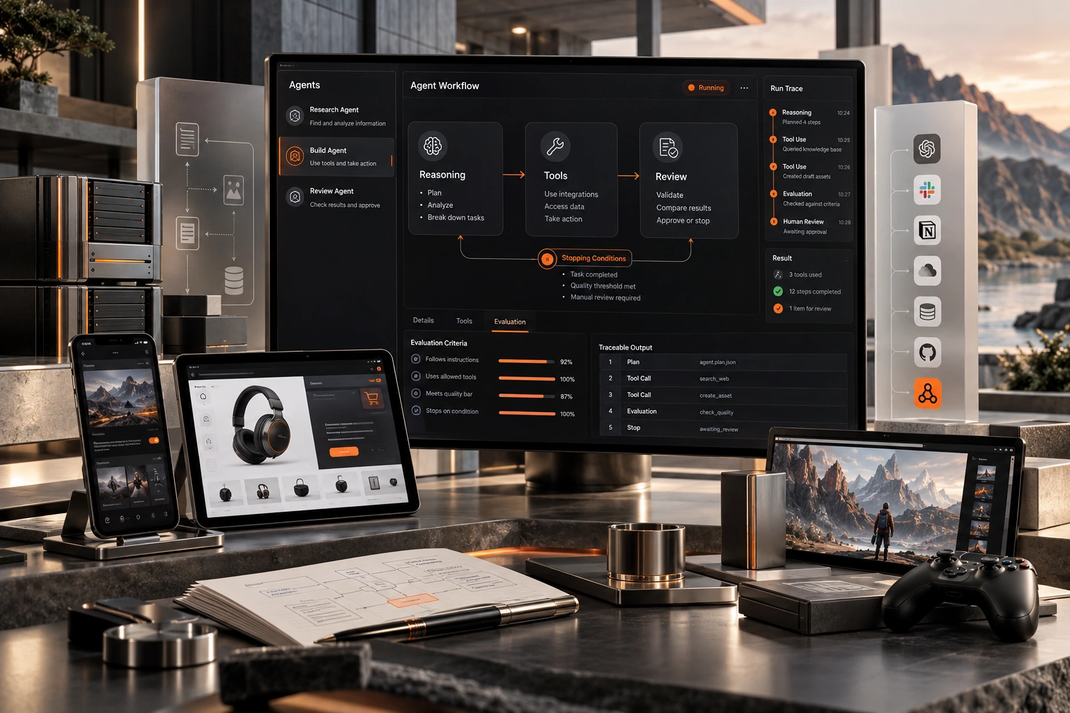 Original AI Agent Development studio concept exploring agent workflow design, tool integrations, traceable evaluation