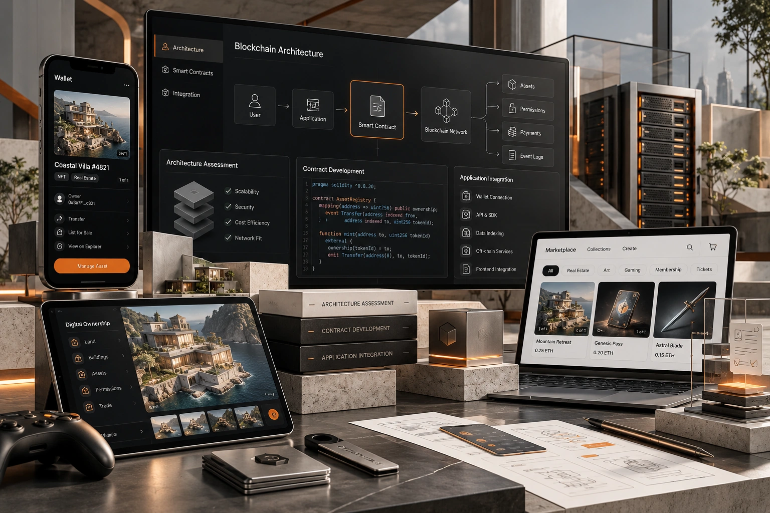 Original Blockchain Development studio concept exploring architecture assessment, contract development, application integration
