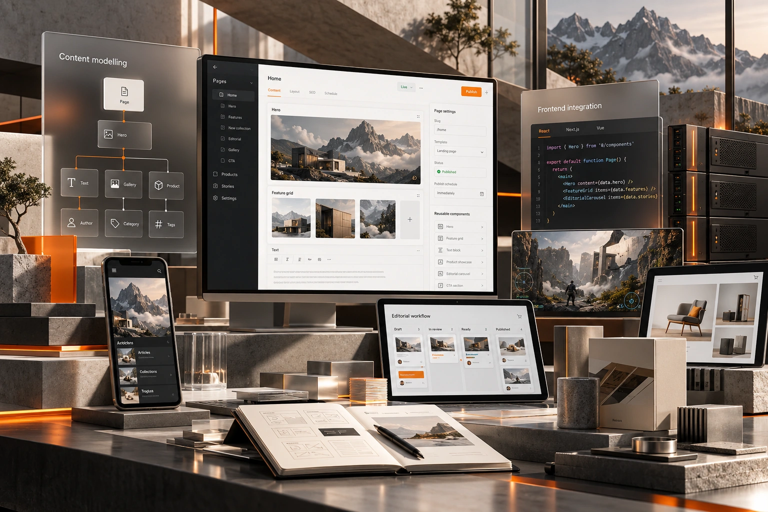 Original CMS Solution studio concept exploring content modelling, editorial workflows, frontend integration