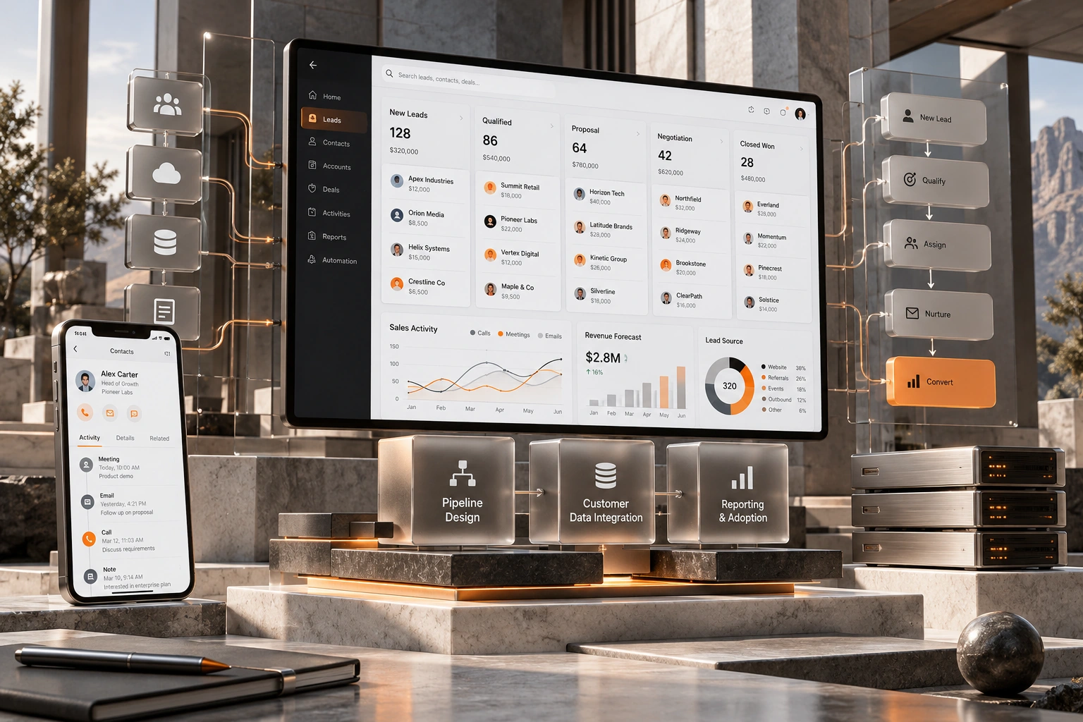 Original CRM Solution studio concept exploring pipeline design, customer data integration, reporting & adoption