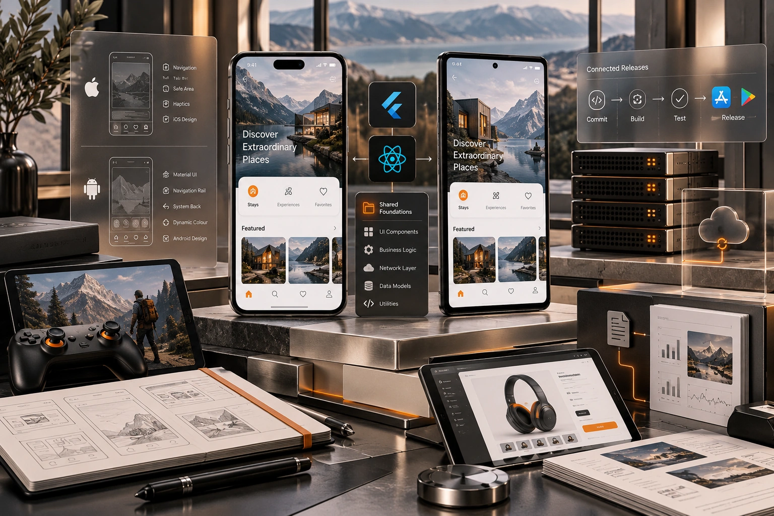 Original Cross Platform App Development studio concept exploring shared foundations, platform-specific detail, connected releases