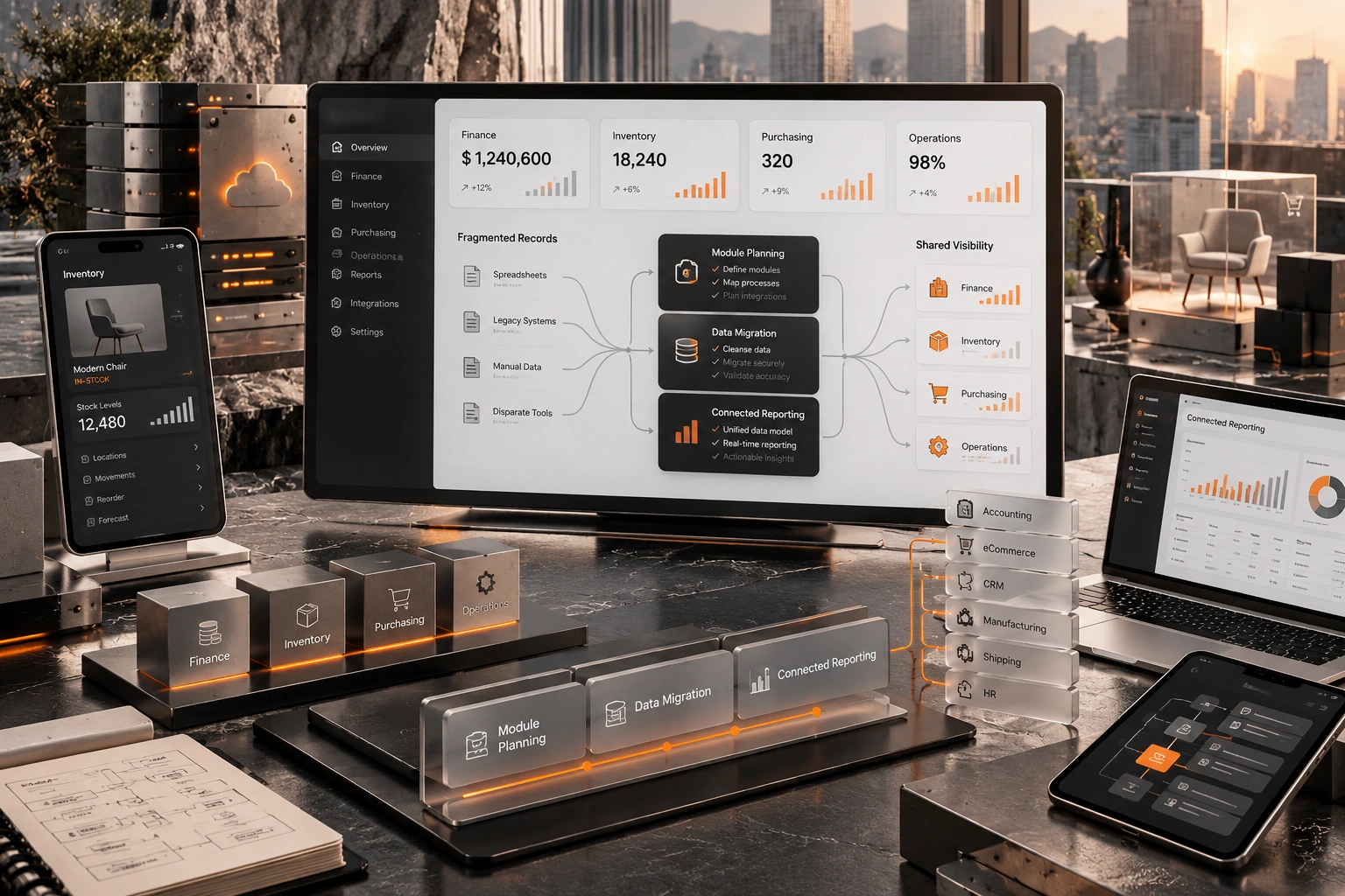 Original ERP Solution studio concept exploring module planning, data migration, connected reporting